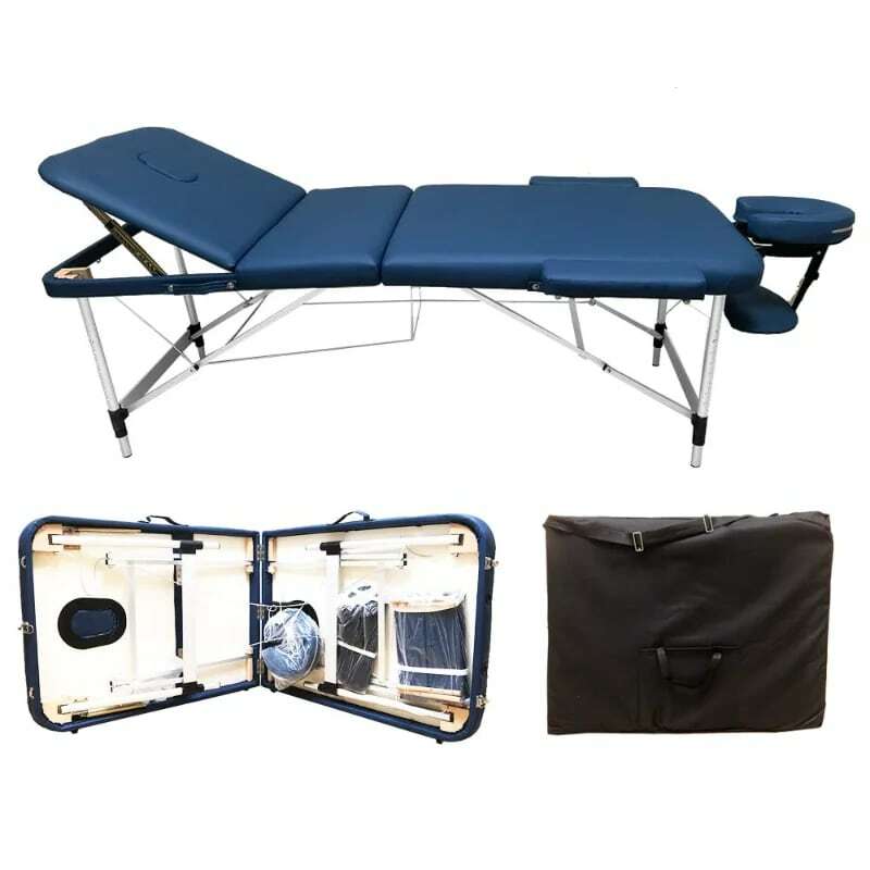 Mesa de masaje portátil ANGEL USA, 3 secciones, aluminio, 84 "L, SPA Facial, cama, tatuaje con funda de transporte gratis, azul marino