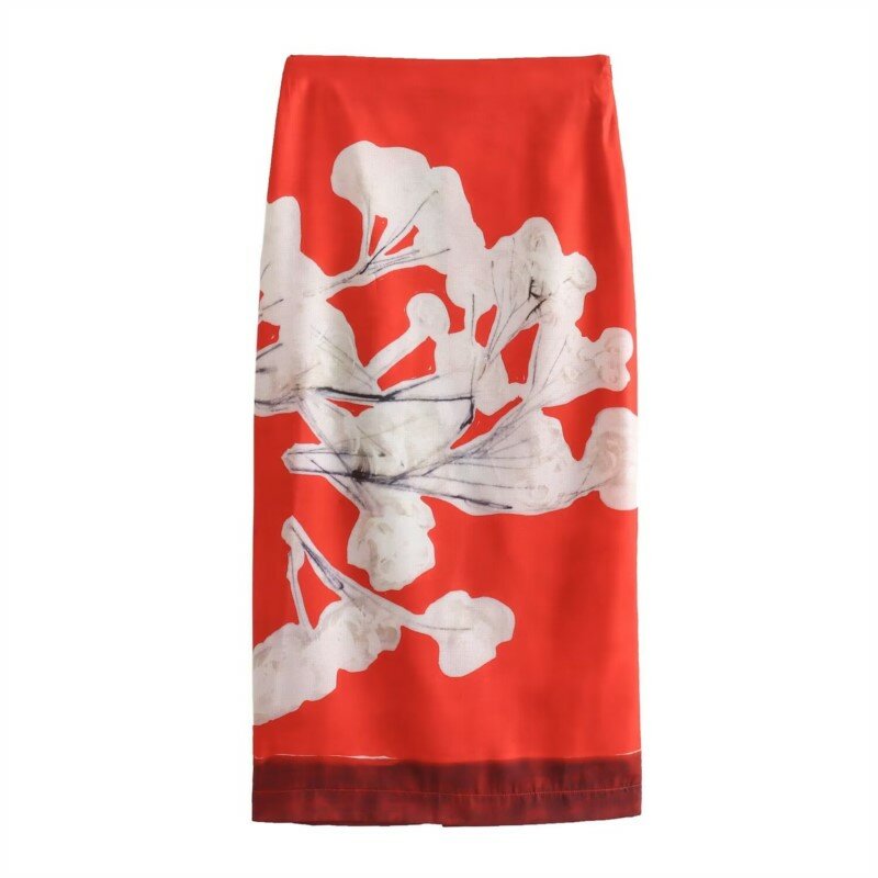 TRAF Unique Floral Midi Skirt For Women Spring/Summer Midrise With Elegant Red Hem Gothic Clothes Big Size Korean Clothing Woman