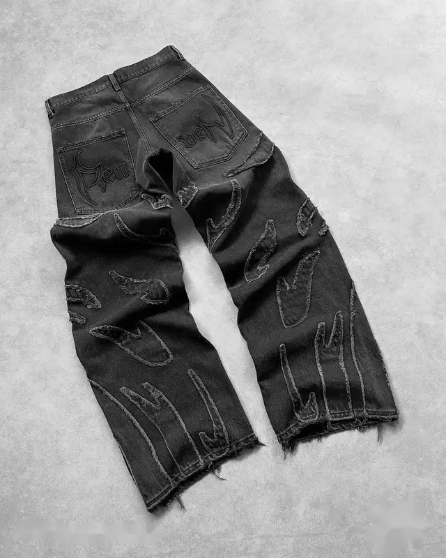 Hip Hop Punk Raw Edge Jeans bordir Vintage Y2k Retro hitam longgar Jeans untuk pria pola Patchwork celana Denim pinggang tinggi