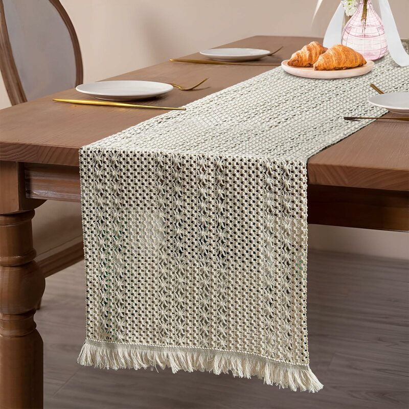 Farmhouse Boho Table Runner Macrame Table Runner with Tassel Bohemian Woven Cotton Crochet Lace Rustic Home Decor for Table