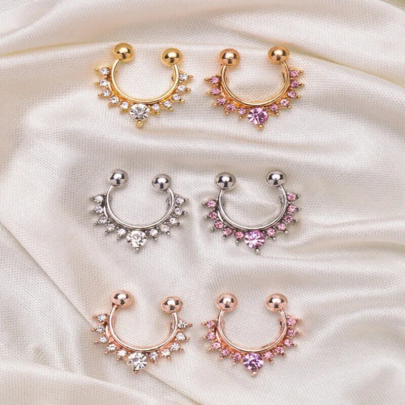 1pc Fake Piercing Nose Ring Crystal Clip On Nose Piercing Hoop Septum Stainless Steel Non Pierced Body Jewelry