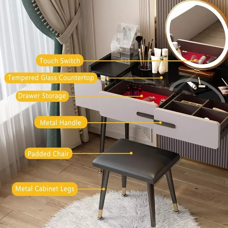 Tocador con espejo y lámpara, Juego de 3 modos de iluminación para dormitorio, con 3 cajones, color gris, para mujer y Niña
