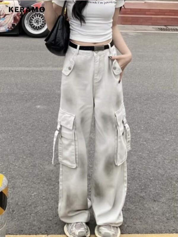 Jeans Harajuku stile Casual da donna estate 2024 pantaloni larghi larghi a vita alta Vintage tasche a gamba larga pantaloni in Denim larghi Punk
