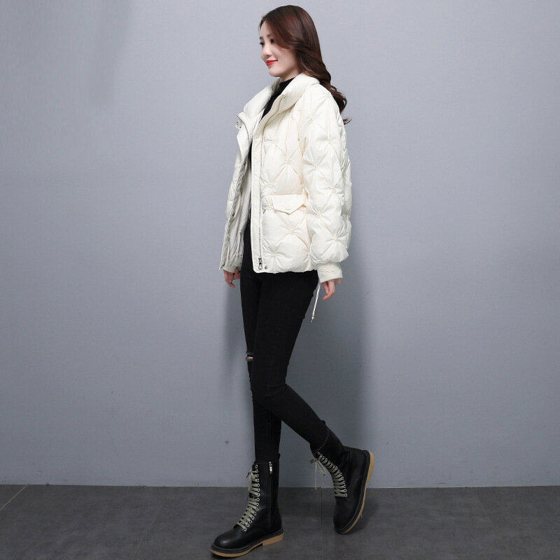 Jaket Musim Dingin Parka Pendek Mantel Wanita Mode Shorty Desain Bulu Angsa Putih Mantel Indera Jaket Hangat Mantel Pakaian Salju