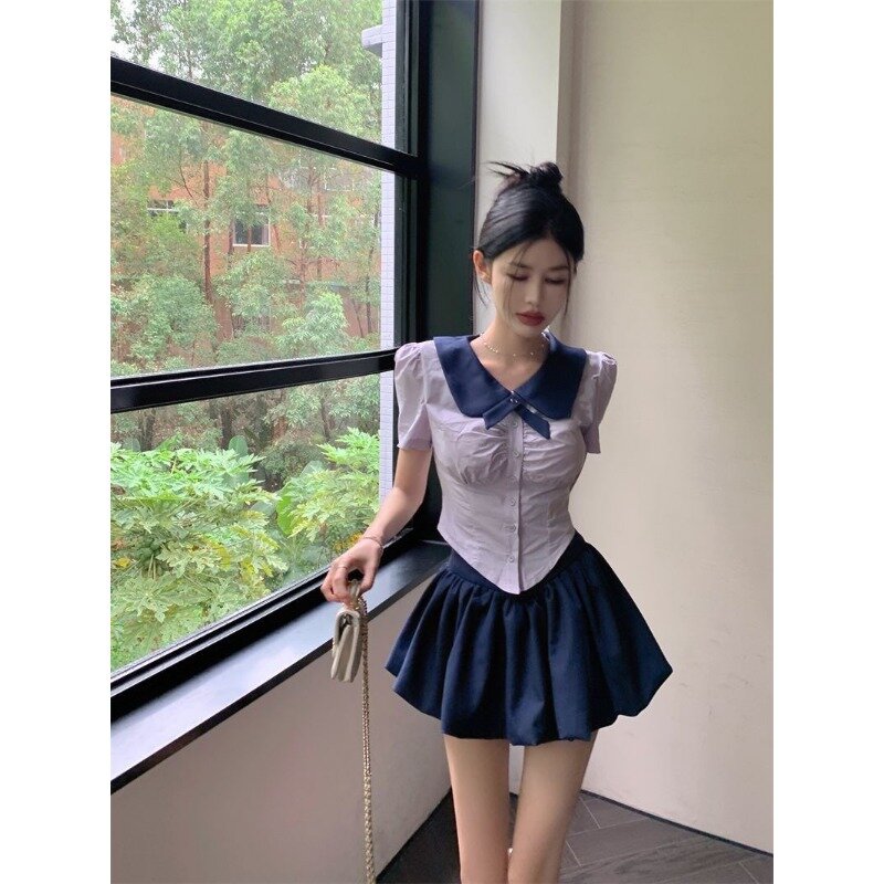 QWEEK Y2K Vintage Preppy Short Sleeve Shirt Woman Sweet Gyaru Coquette Blouses Summer Slim Tunic Korean Fashion Aesthetic 2024