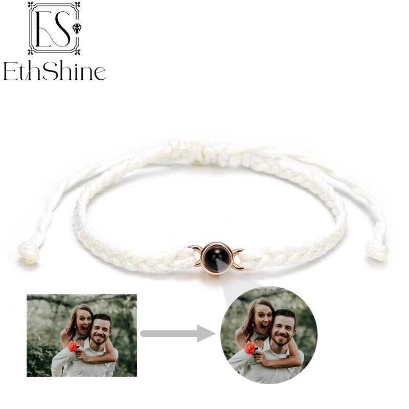 EthShine-925 Sterling Silver personalizado círculo foto pulseira para homens e mulheres, personalizado foto projeção pulseiras, presente casal