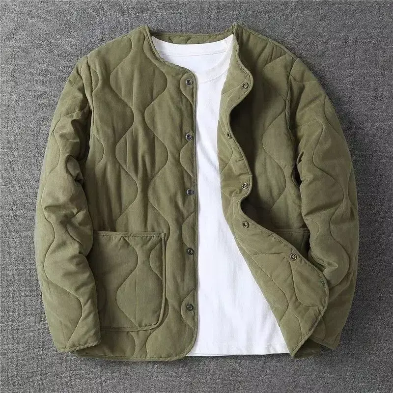 2023 Autumn Winter O-neck Quilted Jacket Men's Versatile Army Green Retro Thickened Coat Men Techwear Button Up Oversize Jacket