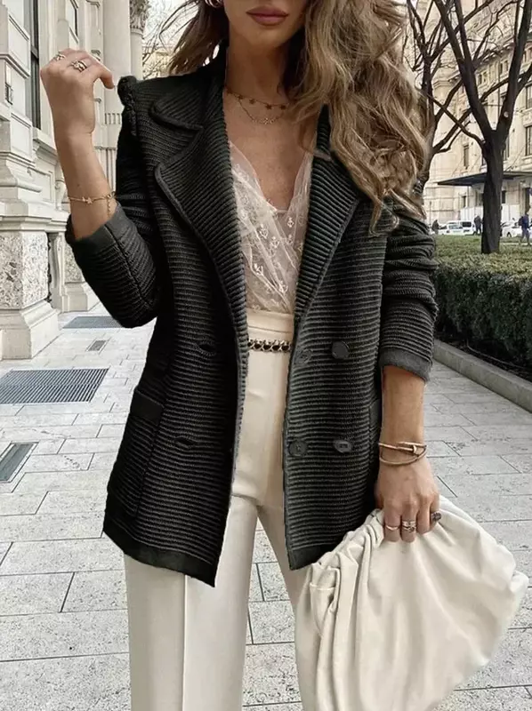 여성용 더블 브레스트 단추 단색 블레이저 재킷, 캐주얼 긴팔 코트, 가디건, 가을, 겨울 패션