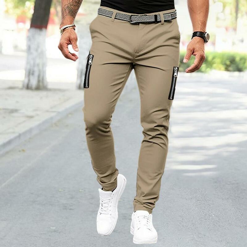 Pantalones de Color sólido para hombre, pantalones elegantes con decoración de cremallera, ajustados, con cierre de botón, bolsillos, suaves, transpirables, de cintura media para cuatro