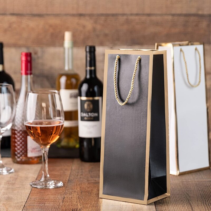 Bolsas de vino con logotipo personalizado, paquete de 12 bolsas de vino de lámina dorada con asas de cuerda