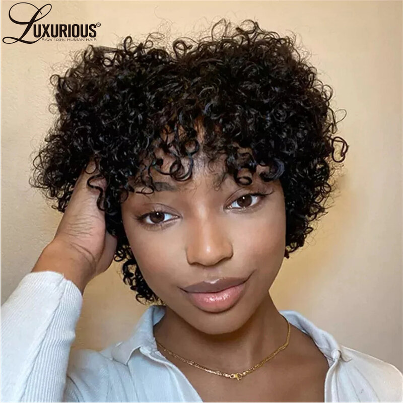 Pre Plucked Kinky Curly Machine Made Wigs For Black Women Wear And Go Pixie Cut Short Wig Brazilian Virgin Remy Human Hair Wigs