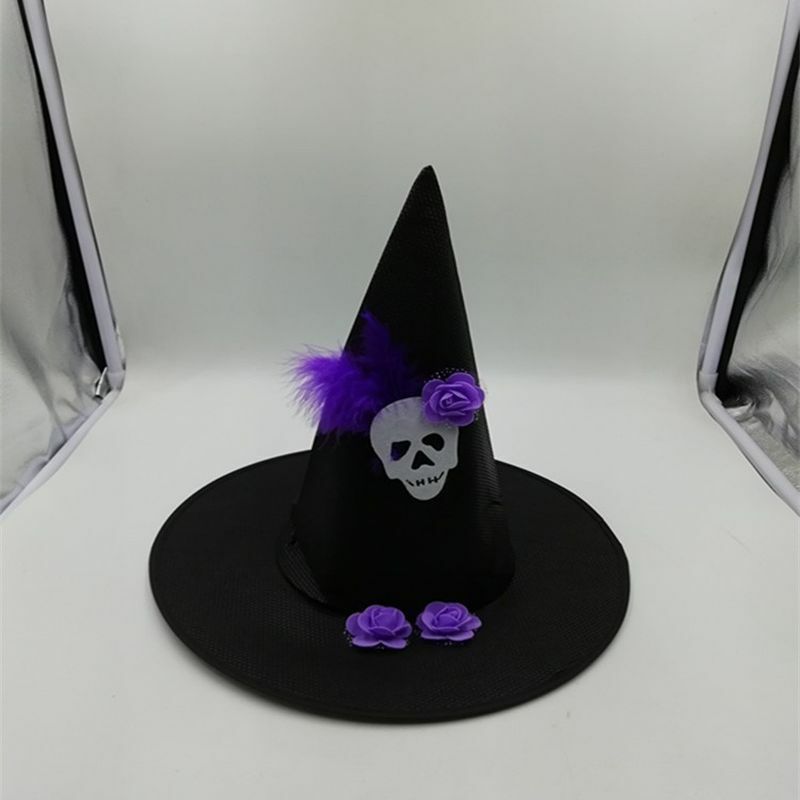 Topi penyihir kerucut melengkung wanita, aksesori kostum topi penyihir ujung tajam untuk pesta kostum Natal Halloween
