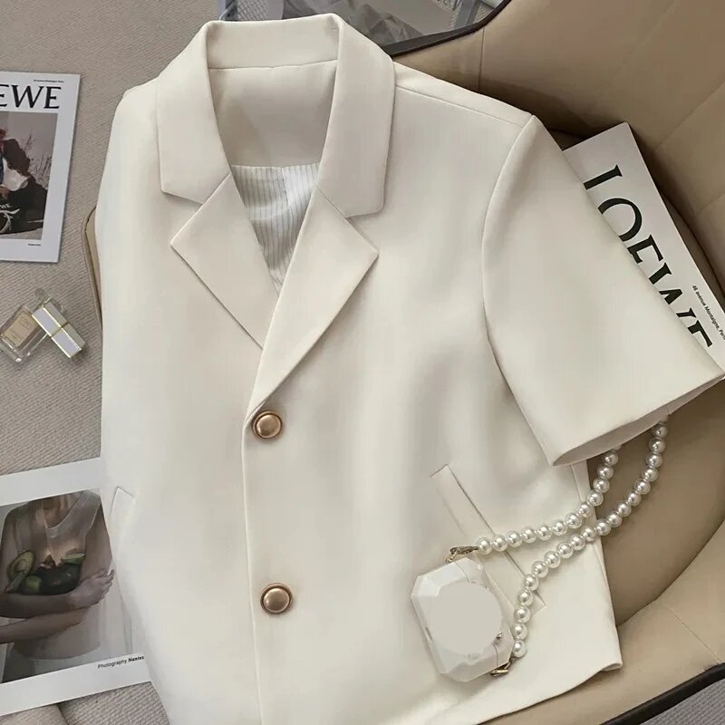 Blazer de manga elegante feminino, jaqueta de escritório feminina com gola entalhada, moda coreana, outwear casual simples, tops de terno bege