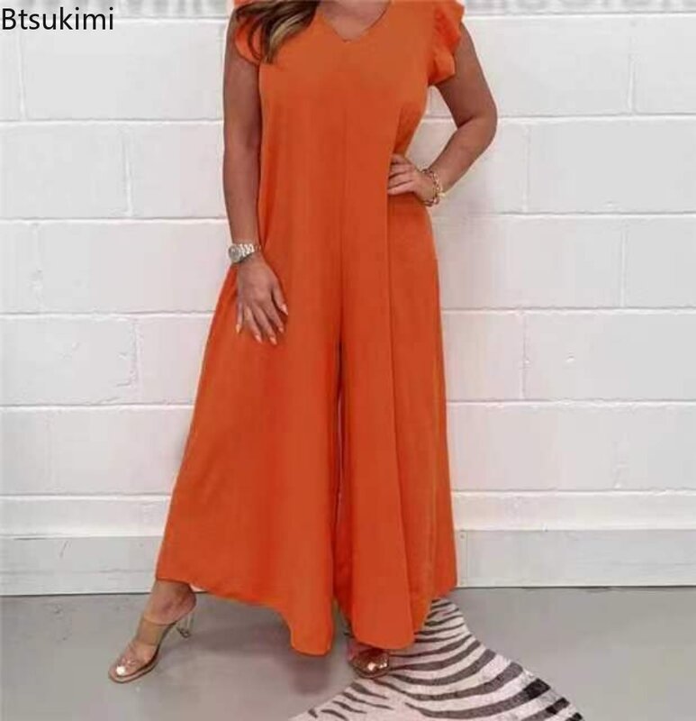New 2024 Women's Casual Ruffle Sleeve V Neck Jumpsuit Solid Flared Trousers Summer Commuter Female Wide Leg Rompers Outfits