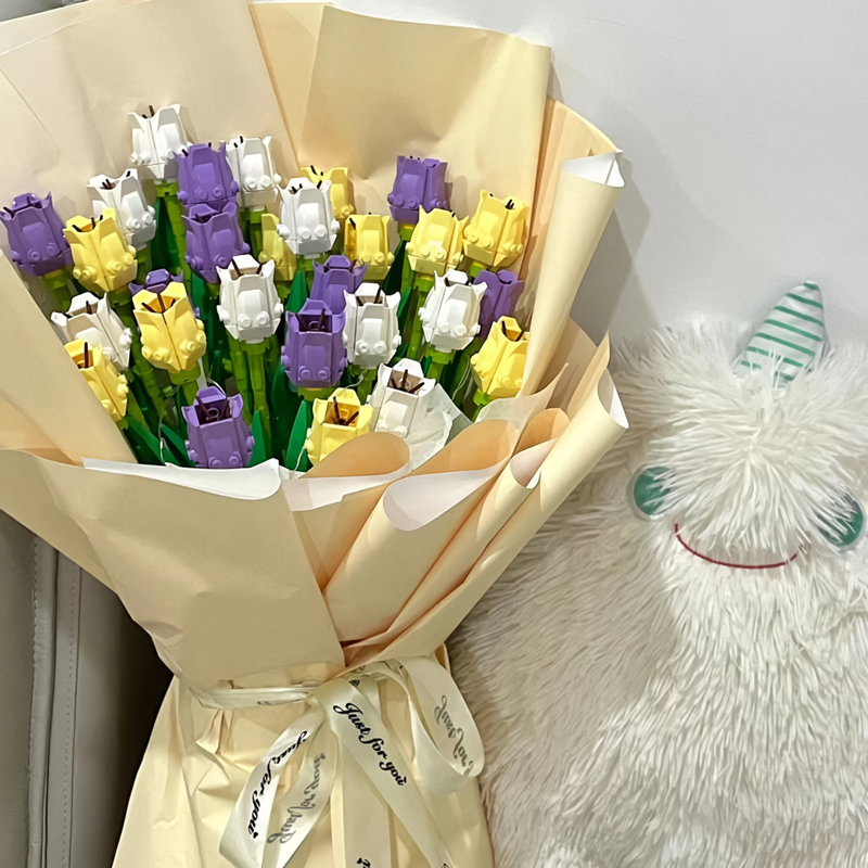 Modèle 3D de bouquet de fleurs de nuits de construction, tulipe perpétuelle, plante en pot, briques d'assemblage, décoration de la maison, cadeaux pour enfants, Leon