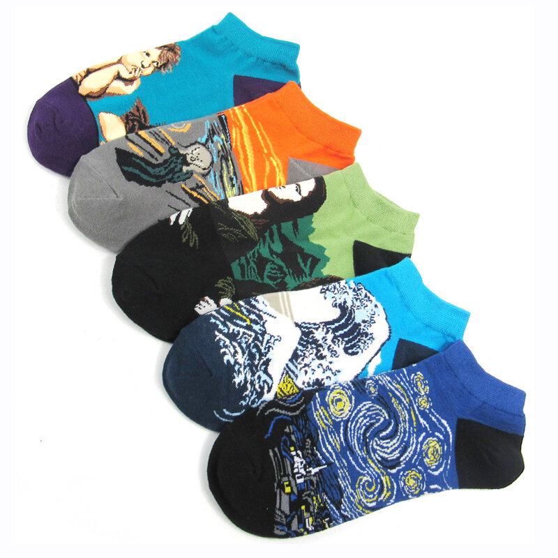 Hip Hop dos homens penteado algodão tornozelo meias, Harajuku moda, arte da pintura a óleo abstrata, engraçado meias, transporte da gota, 5 pares, novo