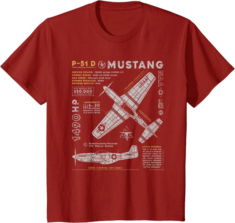Camiseta vintage norte-americana de aviação masculina, P-51, mustang, avião de combate, manga curta casual, gola redonda, roupa nova