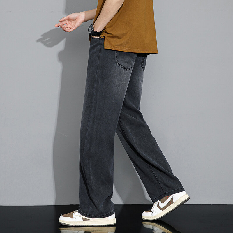 Calça jeans Lyocell masculina, seda gelo, calça larga, casual, fina, perna reta, marca de moda, verão