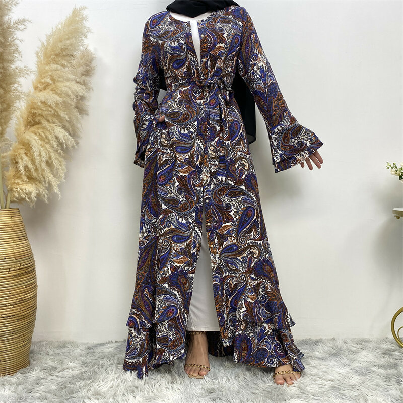 Elegant Flared Long Sleeve Cardigan Abayas for Women Modest Muslim Dubai Lace-up Open Abaya Dress Print Robe Women Dress Kaftan