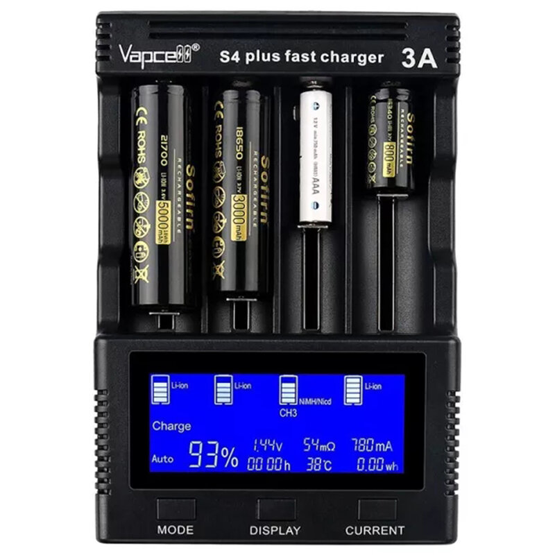 Vapcell S4 + Smart Ladegeräte mit 4 Slots Max 3A Pro Slot Batterie Ladegerät für 10440 14500 16340 18650 21700 26650