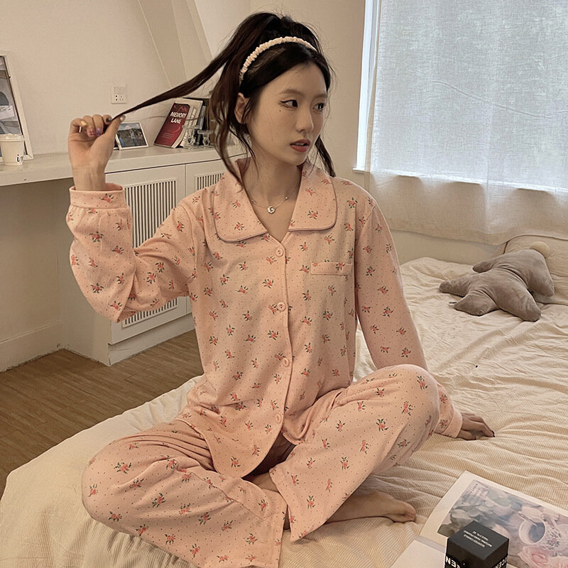 2 peças femininas pijamas conjunto feminino pijamas de algodão pijamas feminino manga longa camisa de lapela calças terno pijamas homewear