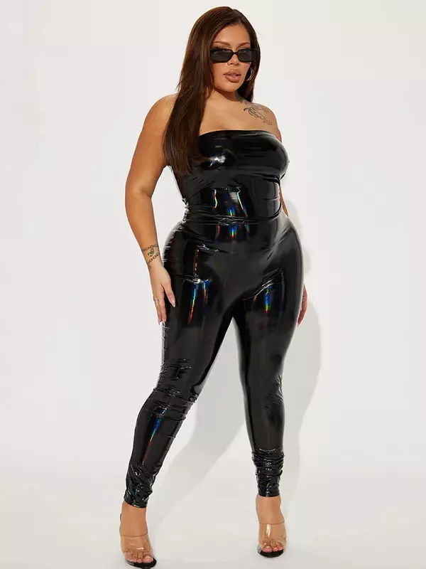 Women Plus Size Sleeveless Faux Latex Jumpsuits 7XL Wet Look Shiny Patent Leather Jumpsuits Backless 6XL Sexy Bodycon Rompers