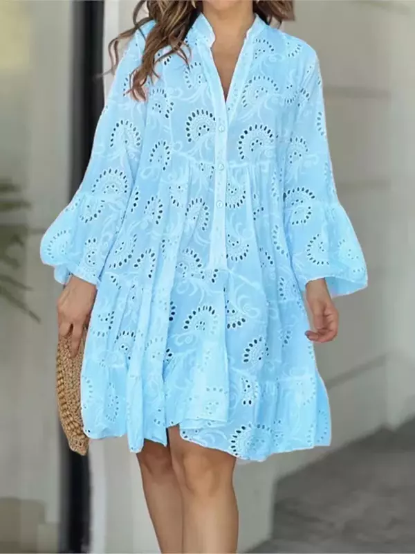Vestido corto holgado de encaje con agujeros para mujer, minivestido Vintage elegante con cuello en V, bordado, para playa, verano, 2024