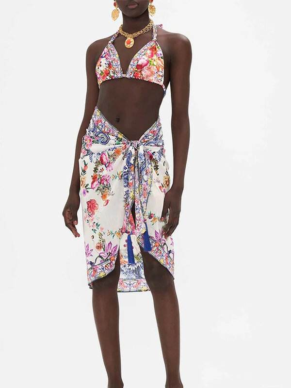 Farbkontrast Damen Bikini Modetrend Blumen druck Badeanzug Set Designer neue Strand urlaub Camping Bade bekleidung und Vertuschung