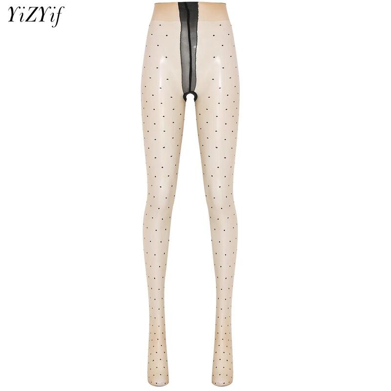 Women Polka Dots Crotchless Pantyhose Sexy Silky Stocking Glossy High Waist Open Crotch Butt Lifting Strappy Bodystocking Tights