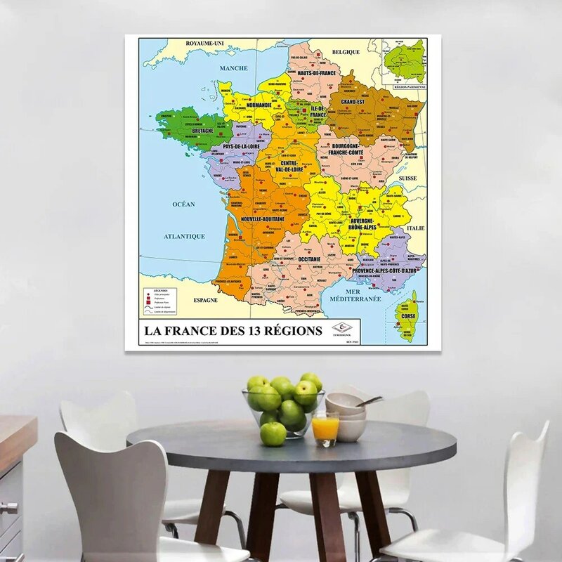 Póster de pared grande francés para decoración del hogar, pintura en lienzo no tejido, suministros escolares, mapa politico de Francia, 150x150cm