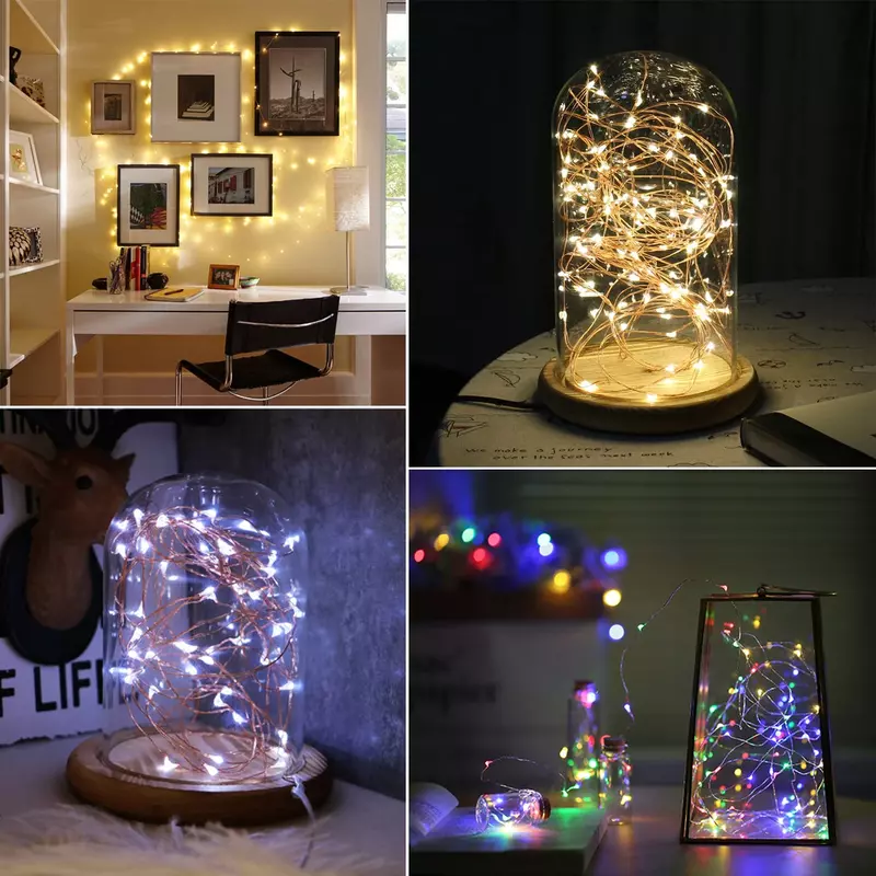 Guirnalda de luces LED USB, alambre de cobre, luces de hadas impermeables, decoración de fiesta, Navidad, boda, 5m, 50LED, 10m, 100LED