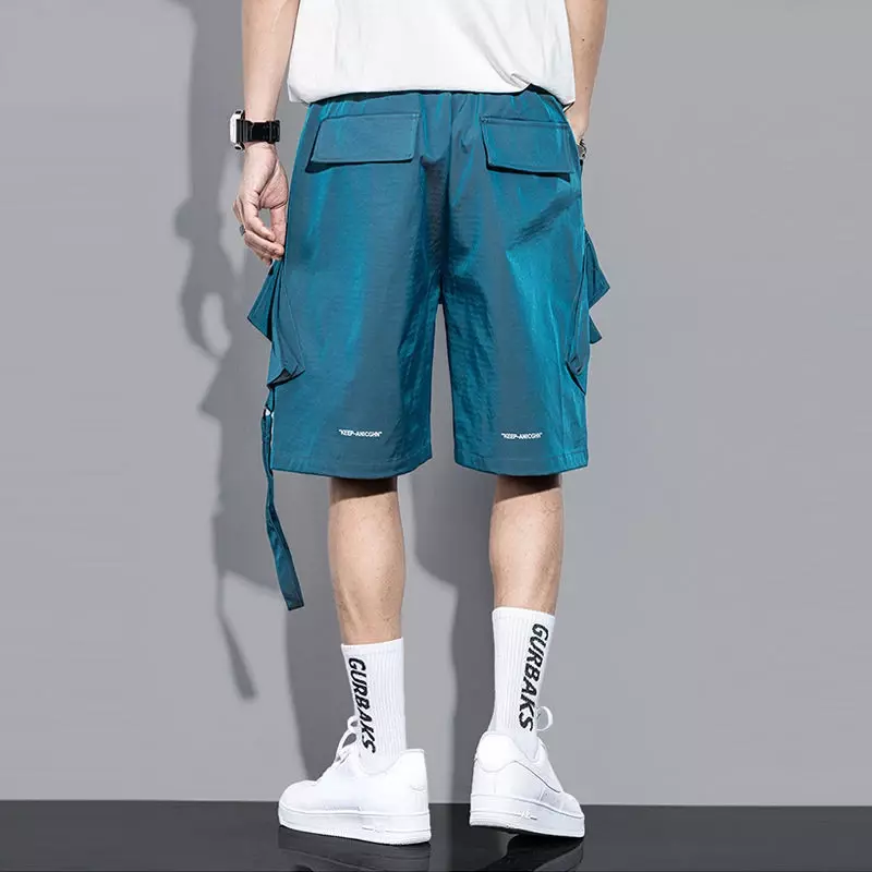 Heren Cargo Short Streetwear Met Zakken Bermuda Korte Broek Voor Heren Blauw Nieuw In Baggy Homme Elastische Taille Y 2K Voorzak