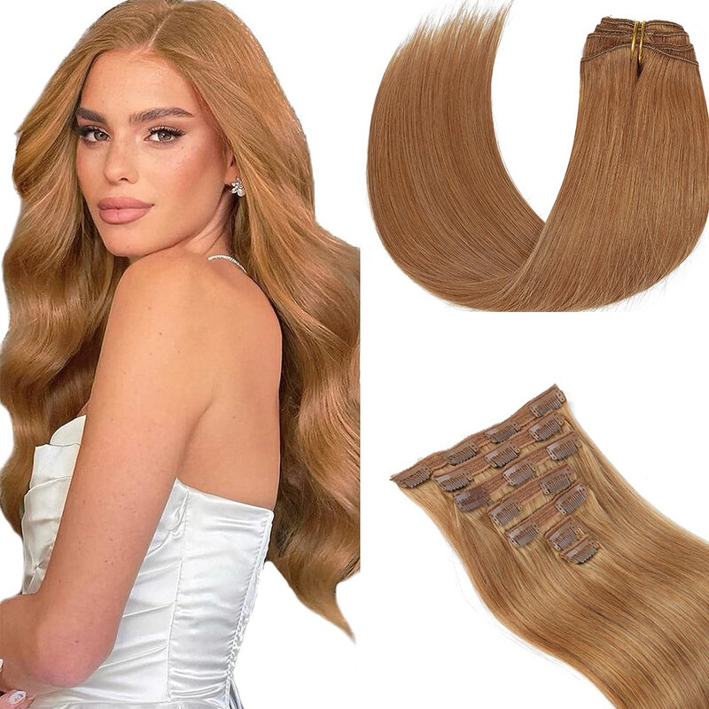 Clip In Hair Extensions Human Hair Braziliaanse Rechte Karamel Blonde Kleur 27 # Skin Inslag Naadloze Onzichtbare 100% Remy Haar