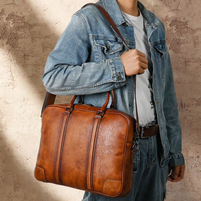 Maletines horizontales Vintage para hombre, bolso de cuero genuino, de 15 pulgadas bolso para portátil, gran capacidad, Mensajero de hombro para hombre