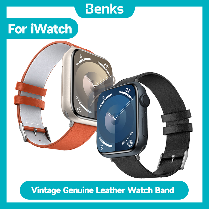 Benks-Pulseira Relógio Vintage de Couro Genuíno para Apple Watch, Suor e Resistente a Óleo, Pulseira de Couro Luxo, 42mm, 44mm, 45mm, 49 mm