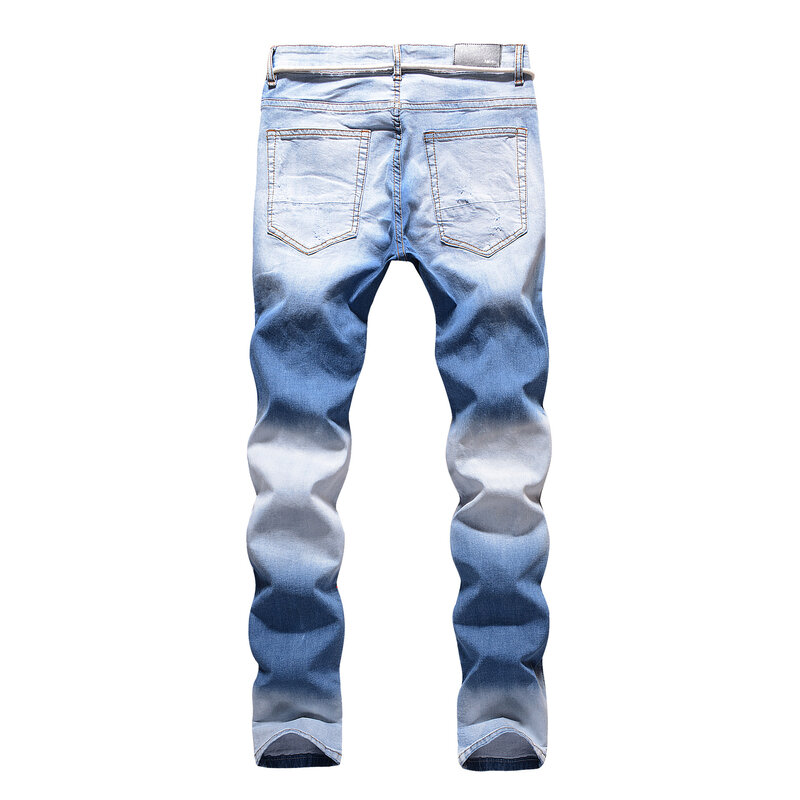 Spring Summer Men Jeans Vintage Blue Solid Color Elastic Slim Classic Style Male Denim Pants Biker Street Pencil Pants