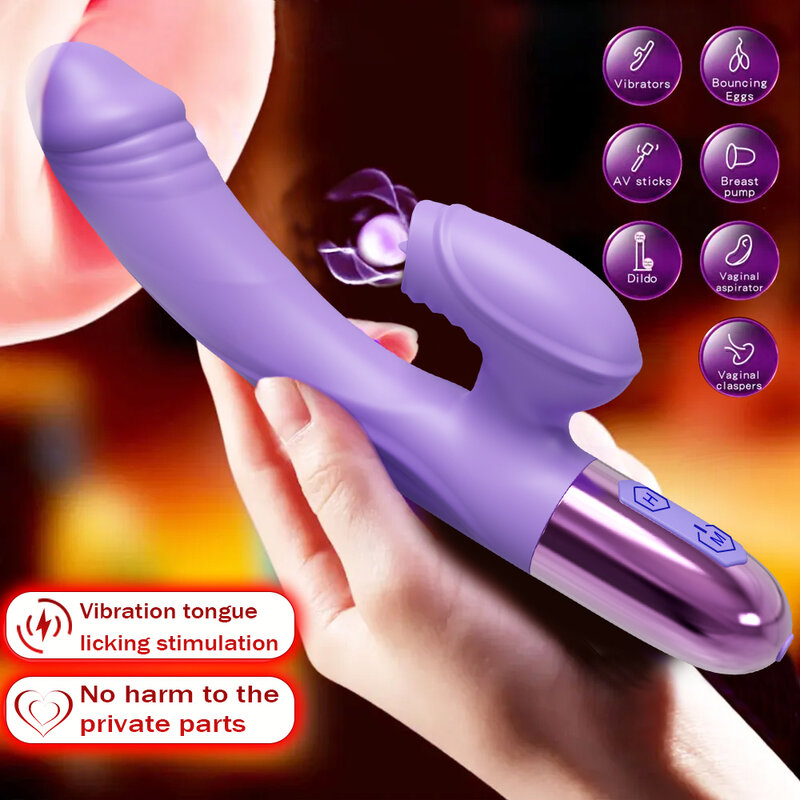 Alat getar kelinci G Spot kuat untuk wanita dengan lidah jiloris Stimulator klitoris pemanasan Dildo barang dewasa mainan seks untuk wanita