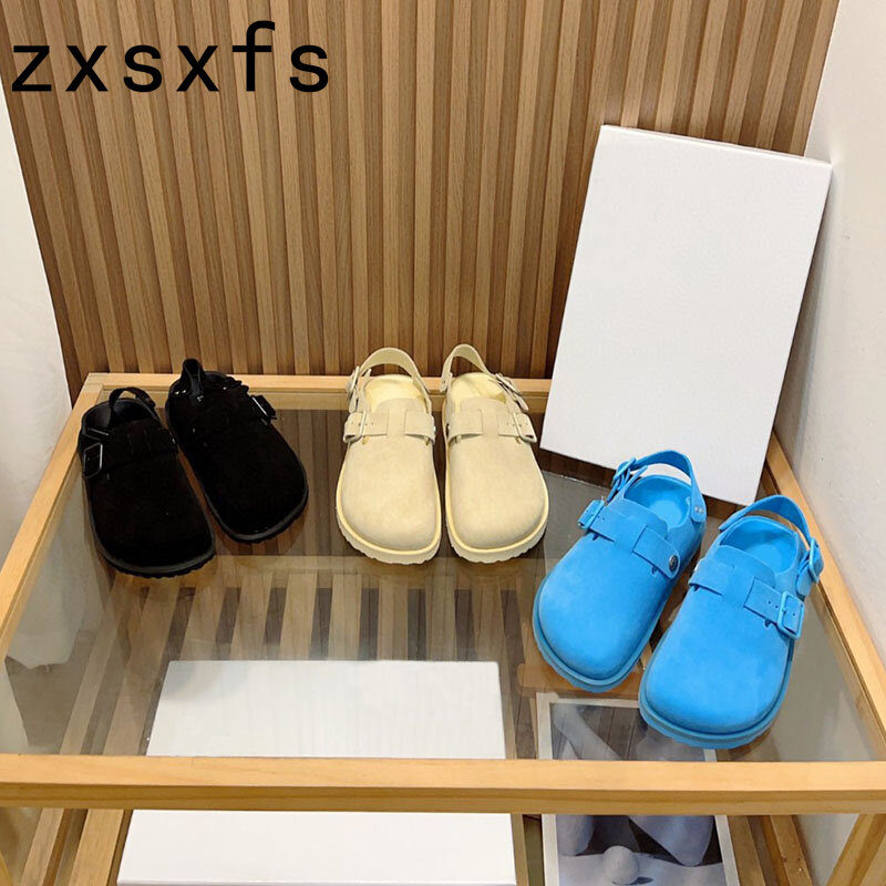 Sandálias de couro de camurça para homens e mulheres, sapatos baixos casuais, toe wrap, Roma, marca de designer masculina, verão, 2023