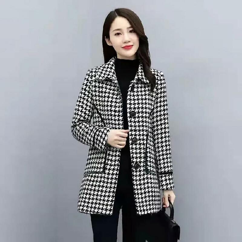 Long-sleeved Overcoat Elegant Herringbone Print Women's Winter Coat with Turn-down Collar Pockets Thick Warm Mid Length for Fall