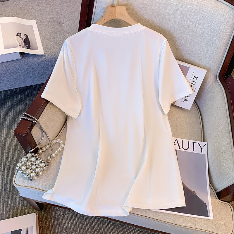 Camiseta casual de cor sólida feminina, tecido confortável de algodão respirável, parte superior elástica, pode ser personalizada impressa, tamanho grande, verão