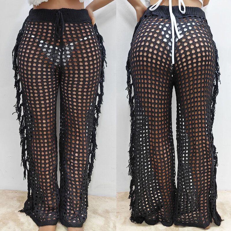 Hollow Crochet Tassel Sexy Summer Beach Woven Pants Trousers Straight Leg Pants Holiday Knitted Plus Size Women's Clothing