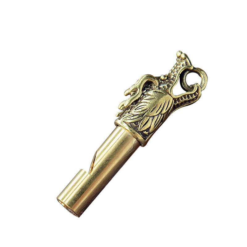 Vintage มังกรทองเหลืองหัวนกหวีดจี้ Survival เครื่องมือคีย์โซ่กลางแจ้งนกหวีดสร้อยคอ Keychains Charm
