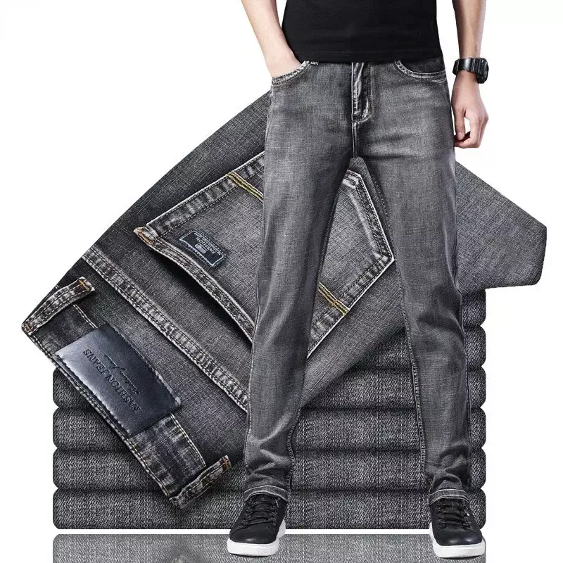 Klassieke Stijl Zomer Heren Dunne Grijze Jeans Zakelijke Mode Hoge Kwaliteit Stretch Denim Rechte Broek Mannelijk Merk Broek
