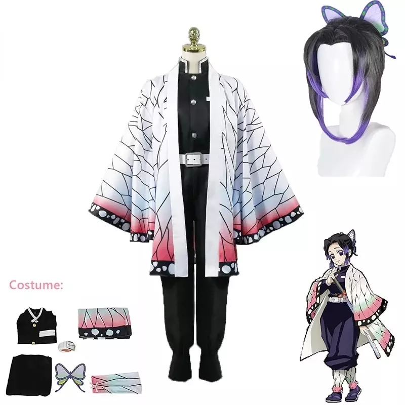 Kostum Cosplay Anime Demon Slayer Kimetsu No Yaiba Kochou Shinobu, Set Kostum Wig Kimono, Kostum Anime Halloween untuk Anak-anak Dewasa