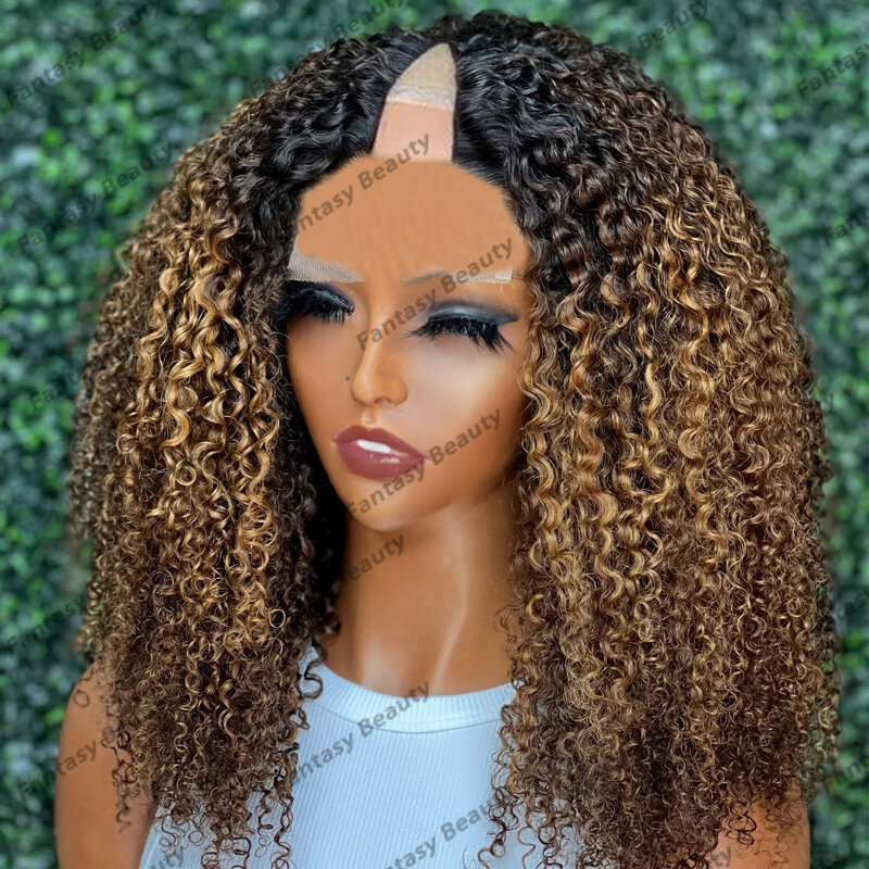 Kinky Curly Ombre Golden Brown Human Hair 1x4 Opening V Part Wigs for Black Women Glueless 200Density Adjustable U Part Wigs