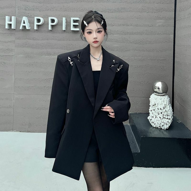 여성용 블랙 세트 재킷, 어깨 패드 블레이저, 금속 단추 장식, 느슨한 피팅 세트
