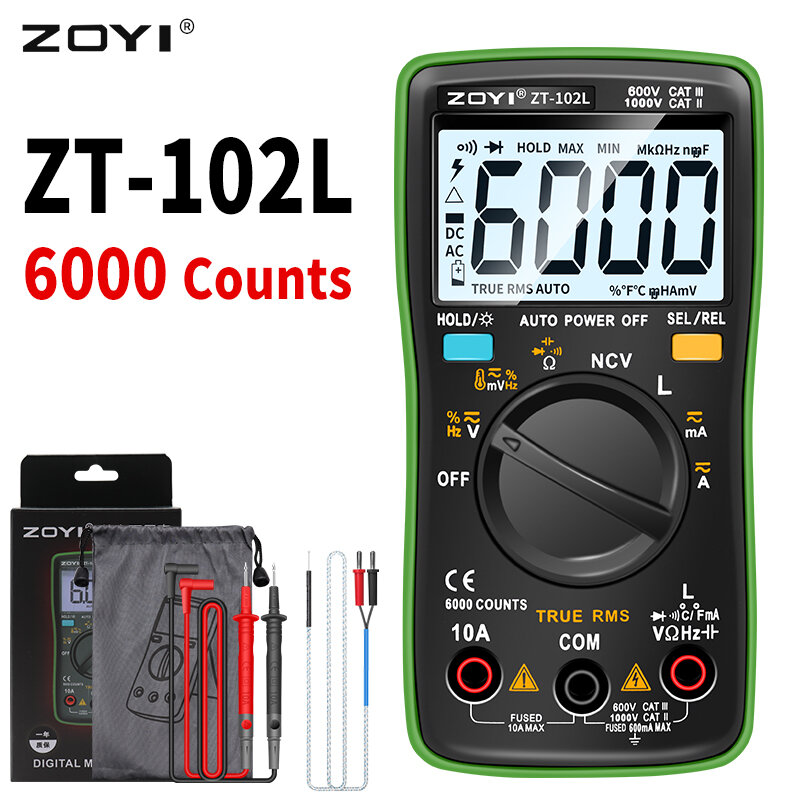 Zoyi เครื่องวัดกระแสไฟฟ้าอัตโนมัติ, ZT102L ใหม่มัลติมิเตอร์แบบดิจิทัลไฟแบล็คไลท์ ac/dc แอมมิเตอร์โอห์มเครื่องทดสอบโวลต์มัลติมิเตอร์แบบพกพาได้6000ชุด