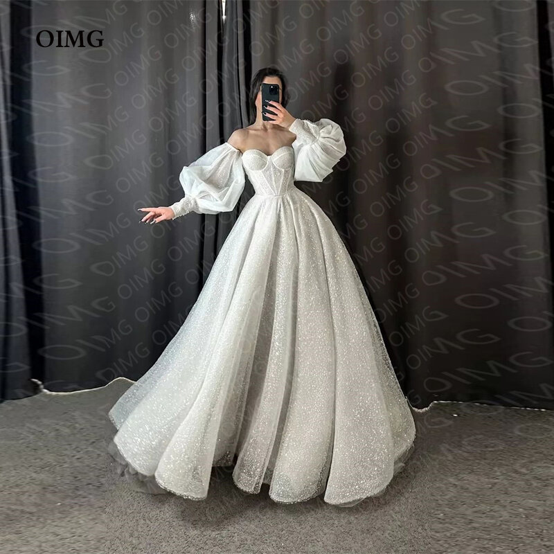 OIMG Vintage maniche lunghe Glitter abiti da sposa abiti lucidi lunghi una linea Pricness formale sposa abito da sposa abiti