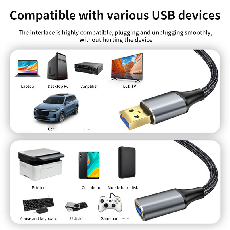 Câble d'extension USB mâle vers femelle, câble d'extension USB 3.0 pour Smart TV, PS4, PS3, Xbox One, SSD, ordinateur portable, câble de données