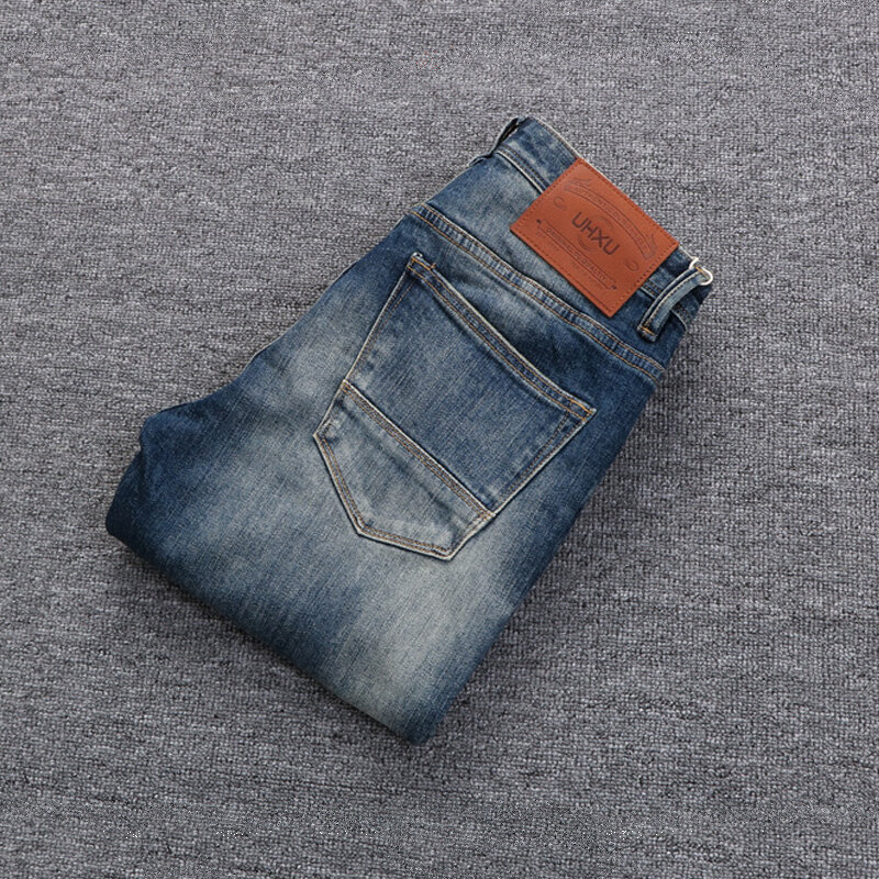 Europejska modne dżinsy męskie wysokiej jakości niebieskie w stylu Retro elastyczna szczupła porwane jeansy mężczyźni haft projektant Vintage spodnie dżinsowe Hombre